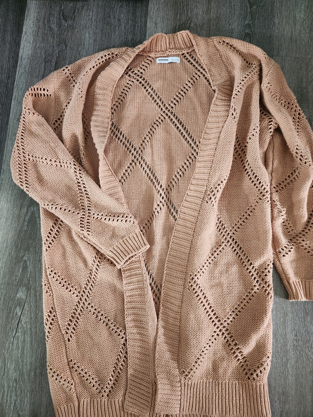 Open-Front Diamond Knit Cardigan Sweater - Tan Sz Small